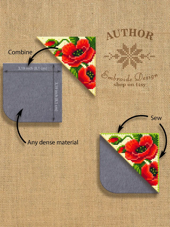 Corner bookmark poppies cross stitch pattern PDF download Red poppy flower cross stitch chart, Floral bookmark corner digital PDF #B194
