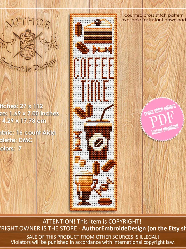 Bookmark coffee time cross stitch pattern digital PDF Handmade bookmark embroidery beginners Instant download Gift for book lover #B3