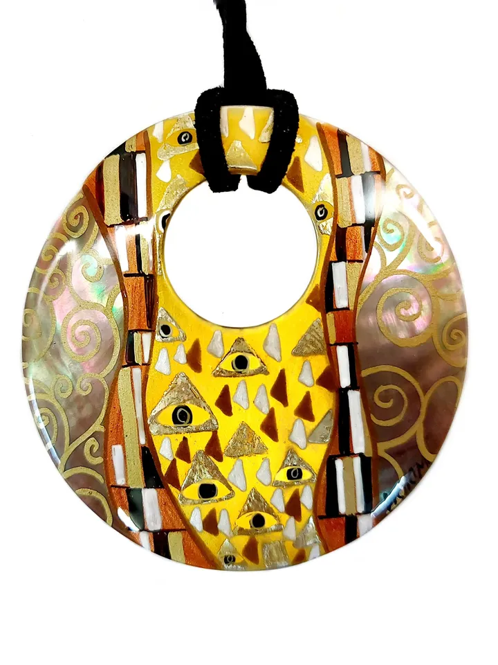 Pearl pendant necklace: Abstract art in style of Gustav Klimt painted on Mother of pearl necklace • Aesthetic stylish pendant for her dress