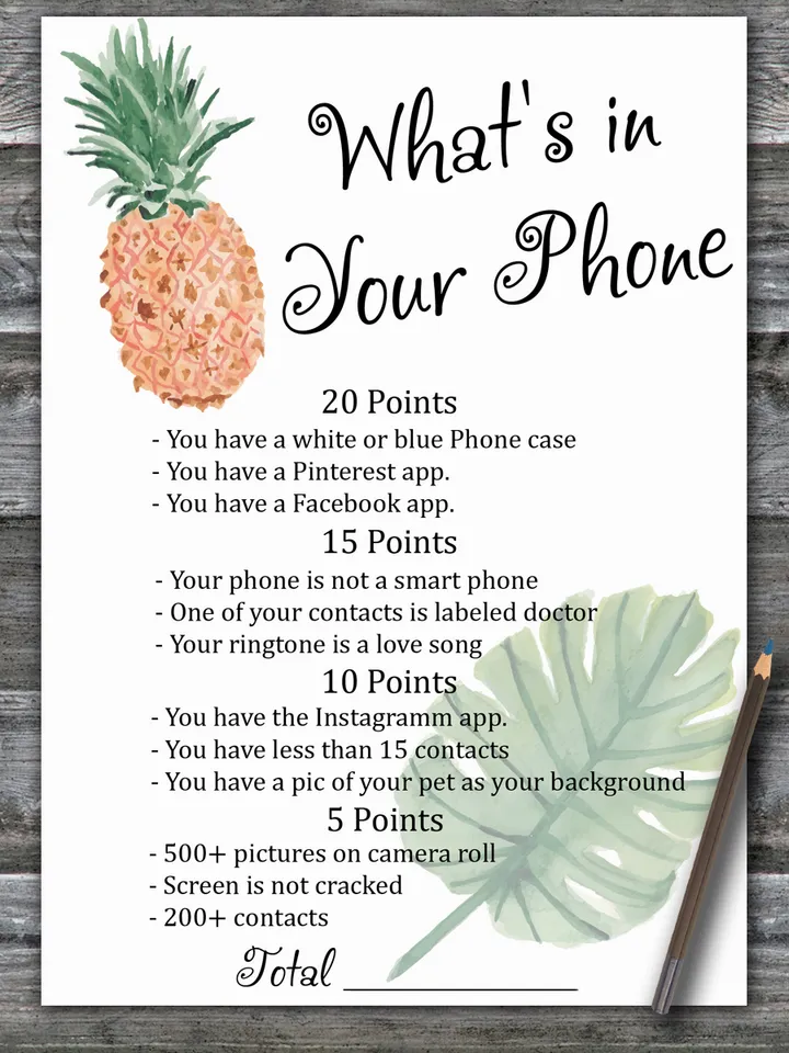Pineapple What's in Your Phone Game,Adult Birthday party game printable-fun game for her-Instant download