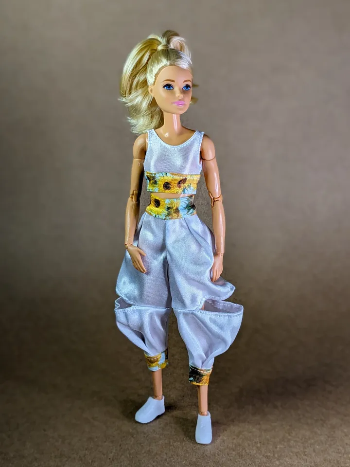 Handmade white & yellow floral print sports set for 1/6 scale fashion female dolls