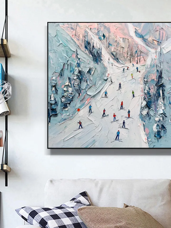 Ski Slope Painting, Winter Landscape Art, Impasto Snow Scene, Mountain Art, Skiers Painting, Textured Wall Art, Original Artwork, Home Decor