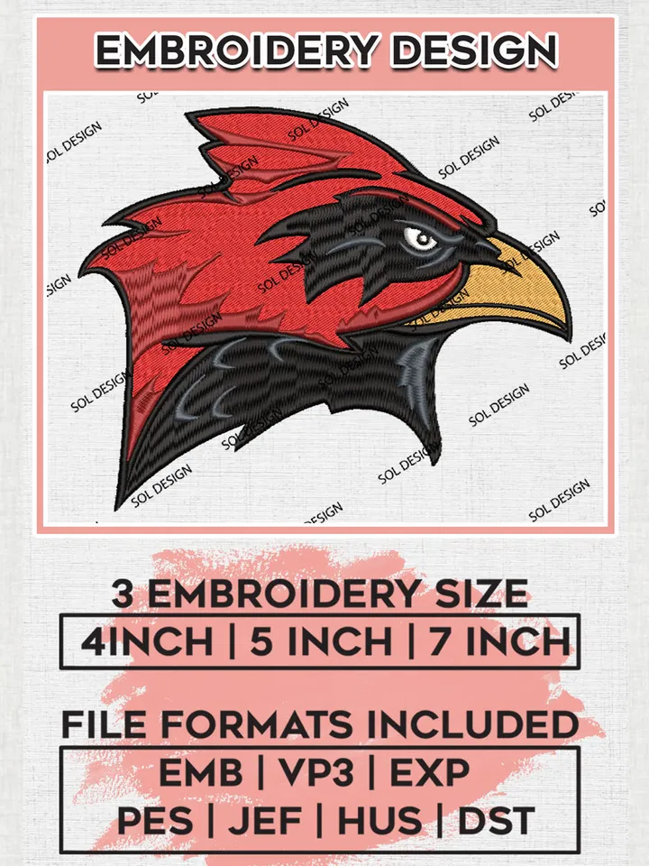 NCAA Incarnate Word Cardinals Team Head Mascot Logo Embroidery Design Files, NCAA Incarnate Word Cardinals Machine Embroidery, NCAA Teams, 3 sizes, NCAA Machine embroidery designs, Digital Download