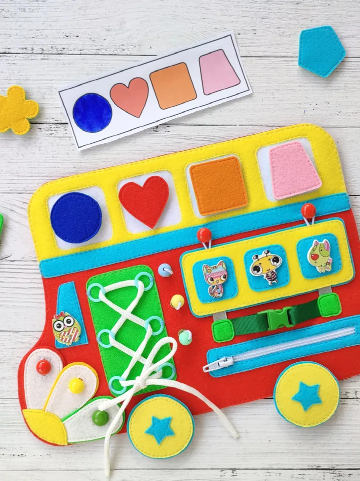 Felt montessori busy board pattern, Baby sensory board pdf,  Quiet book pattern, Soft  activity toys, Felt sewing pattern pdf for boys