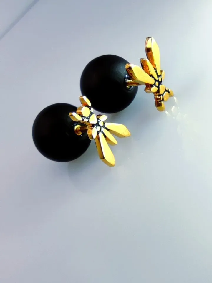 Golden Bee Stud Earrings with Obsidian