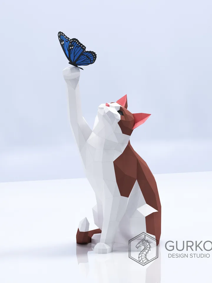 Papercraft Cat With Butterfly, Digital Template, PDF Download, Gurko, LowPoly, Pepakura, Origami Sculpture, Paper Party Decoration, DIY Gift