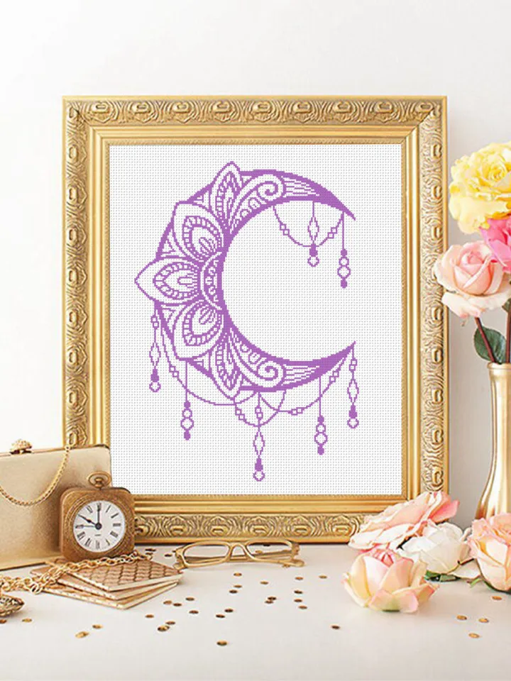 Crescent moon cross stitch pattern PDF download Mandala cross stitch chart, Mandala moon pattern digital PDF, Moon ornament embroidery #M192