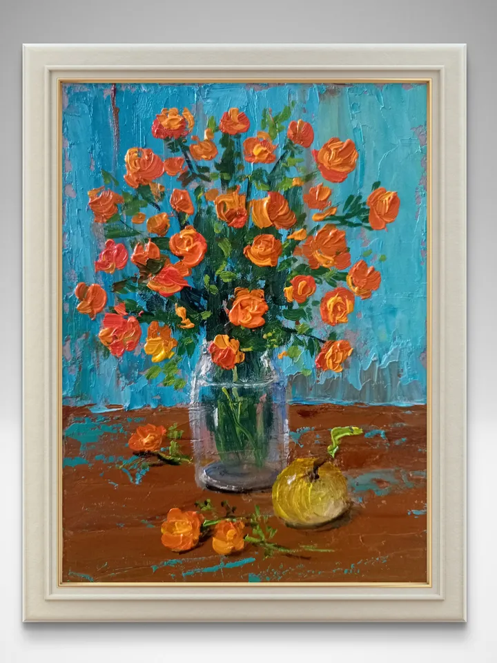 Original art impasto Bright bouquet in a vase small colorful still life artwork bouquet painting unique gift orange flowers art in vase