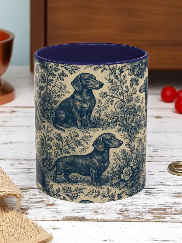 Dachshund French Toile de Jouy Ceramic Mug, Toile Coffee Cup for Doxie Mom, Sausage Dog Lover Gifts, Dog Tea Drinkware, Gift For Dog Lovers