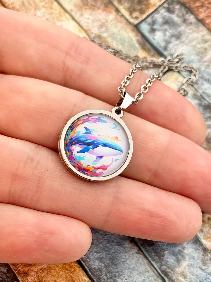 Whale necklace, steel pendant with glass, Sea animal lover gift