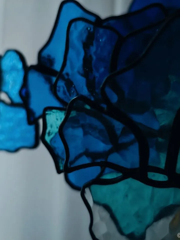 3D Blue-Turquoise Branch, 3D Blue-Turquoise Floral Branch in Stained Glass, 3D Stained Glass Branch with Blue and Turquoise Flowers, Blue and Turquoise 3D Stained Glass Stem, 3D Blue-Green Flowering Branch in Stained Glass, Stained Glass 3D Branch in Blue