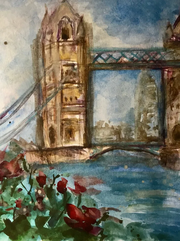 London tower bridge,original watercolour painting,London cityscape,England painting,world capitals wall art,London in flowers,home decor