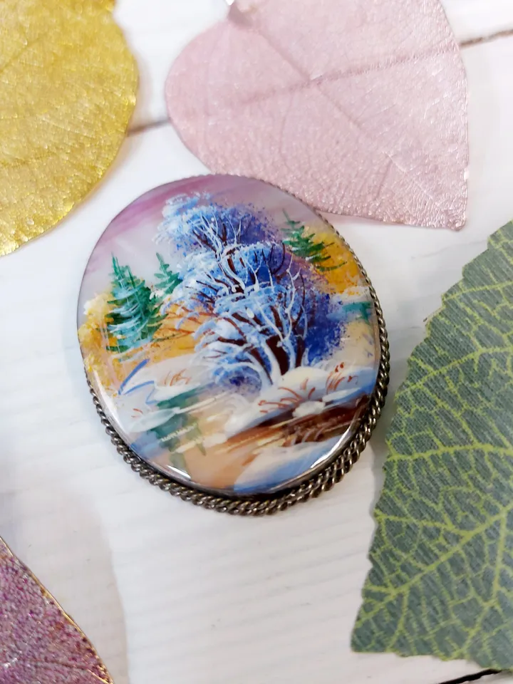 Brooches for women: Lonely solitary tree near snowy river on pearl brooch • aesthetic handmade jewelry • winter cute accessory for girl