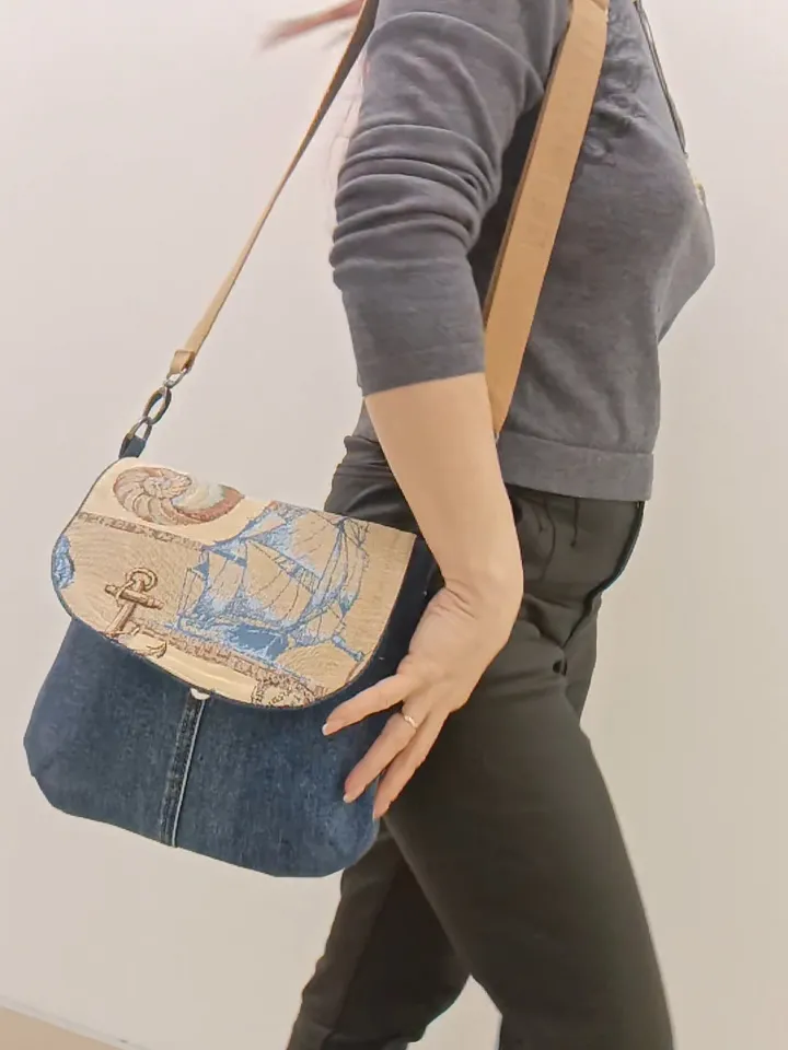 Cute crossbody denim bag, a women's messenger bag with a tapestry flap with a marine theme pattern and denim shoulder bag with 4 pockets inside and an adjustable strap.