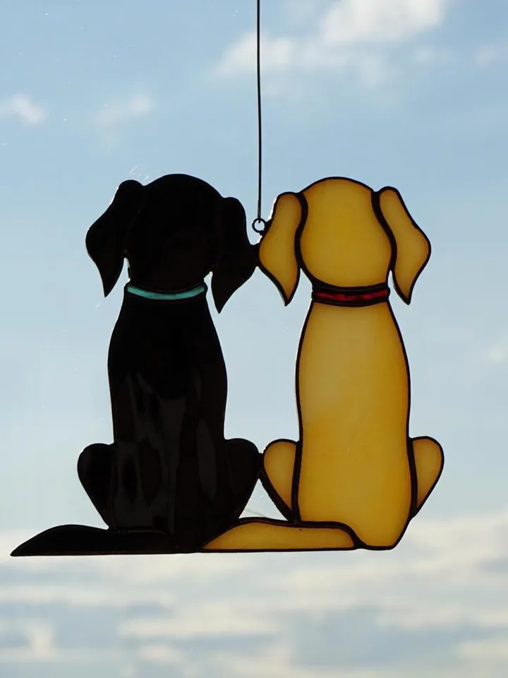 Two Dogs Retriever Labrador , Black and Golden , Art stained glass window hanging Suncatcher . Gift for animal lover , pet loss memorial