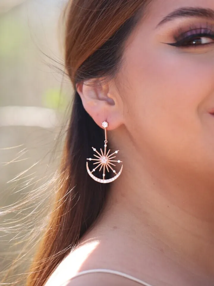 Big Size, Rose Gold Star and Moon Swarovski Wedding Earrings, Rose Gold Chandelier Statement Bridal Earrings, Celestial Boho Wedding Jewelry