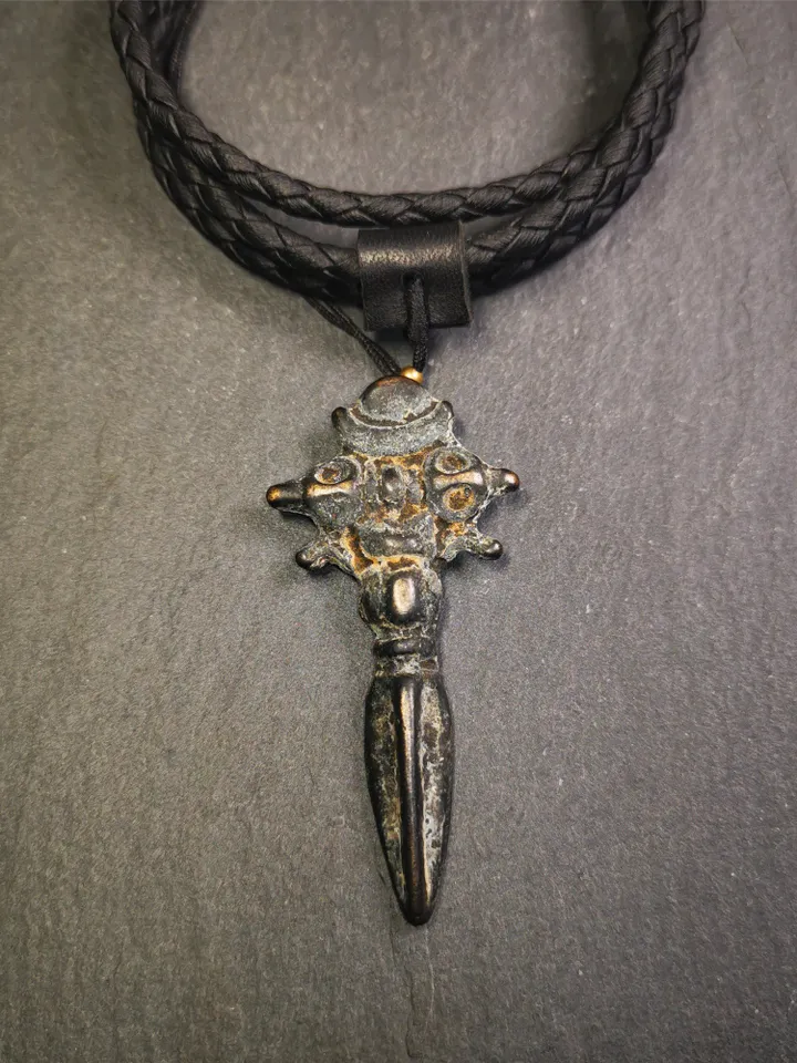 Gandhanra Antique Tibetan Amulet Necklace,Cross Vajra Phurba,Kila(Dorje Phurba) ,Made of Thokcha,70 Years Old,2.36"