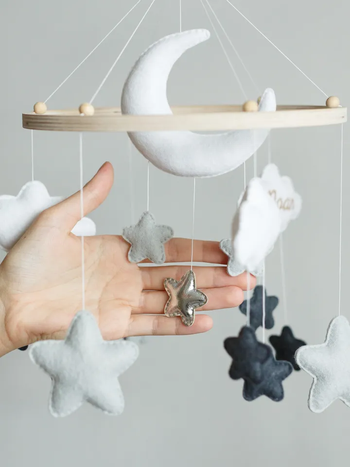 Personalized stars and moon mobile, Cloud nursery mobile and stars crib mobile, Baby felt mobile