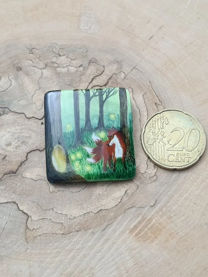Kitsune brooch, real oil painting miniature on mother of pearl. Kitsune fox pin