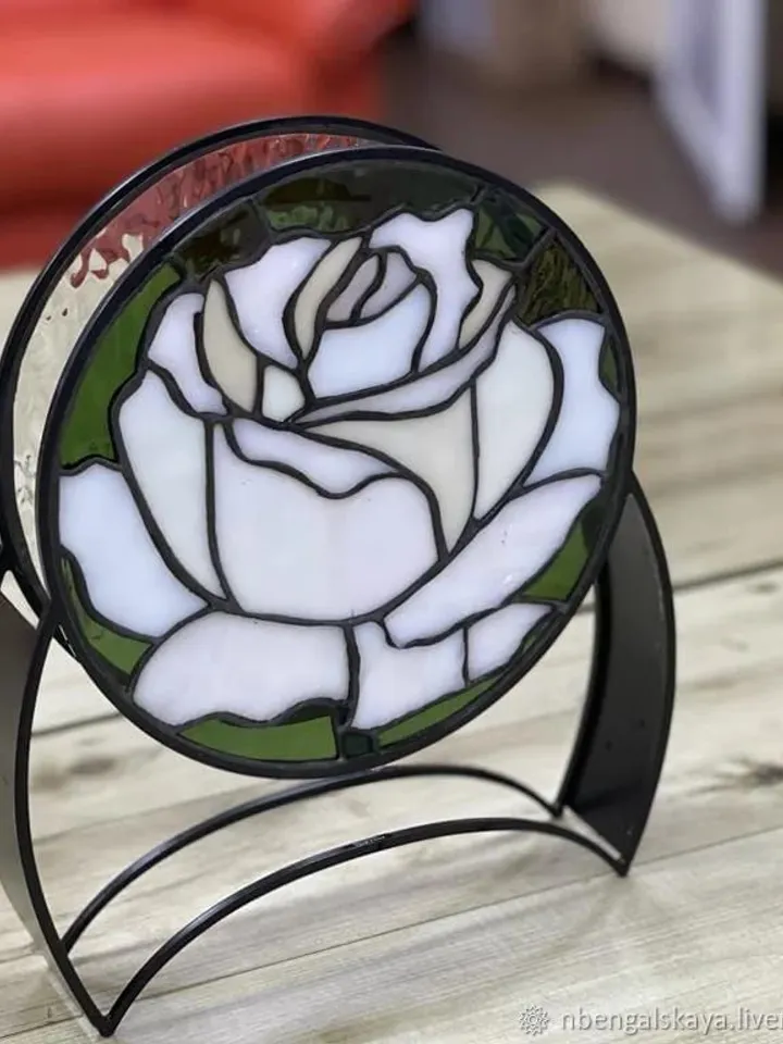 White Rose. Double Stained Glass in Tiffany Technique, Double Layered Stained Glass in Tiffany Technique, Double-Tiered Stained Glass in Tiffany Style, Two-Sided Stained Glass in Tiffany Method, Double-Paneled Stained Glass in Tiffany Technique, Dual-View