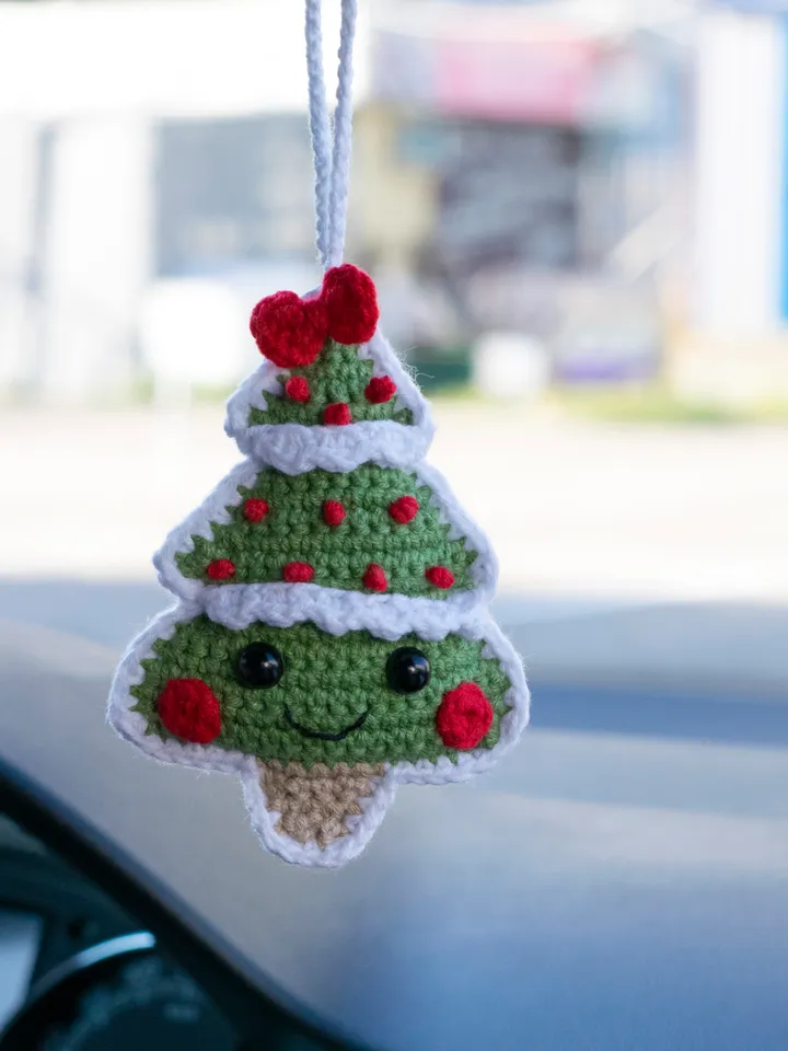 Crocheted Christmas tree car accessory for women, rear view mirror charm, car pendant, cute winter car hanging