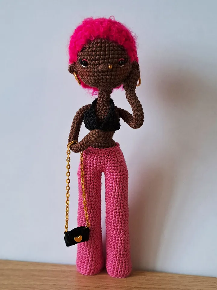 Pattern Black doll in pink. pattern Crochet african doll. afro american doll. crochet dark skin doll