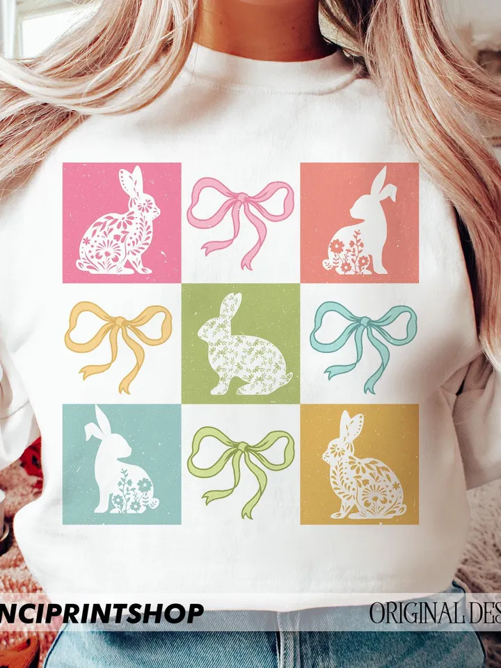 Retro Easter Floral Bunny Checkered png, Easter Coquette Bow png, Easter Bunny png, Retro Easter png, Happy easter png, Bunny png, Retro png