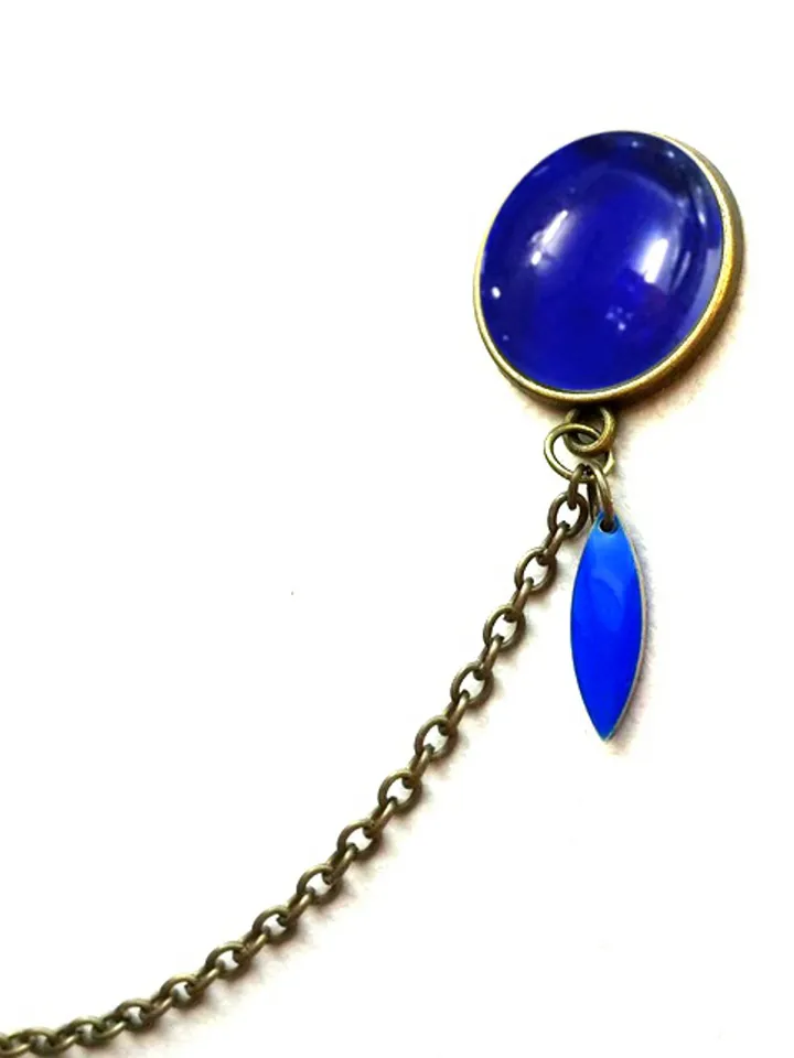 Royal Blue Brooch, Blue Collar Pin with chain and charm