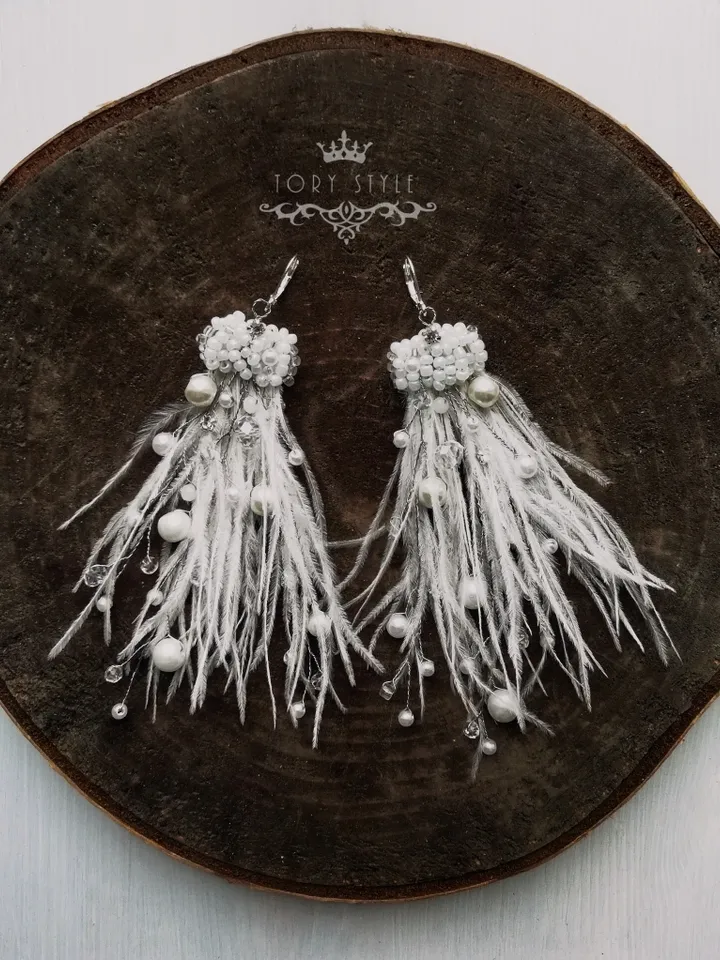 Wedding earrings, Feather Earrings, Earrings for bride, Long earrings, White long earrings, Bridal earrings, white feather earrings