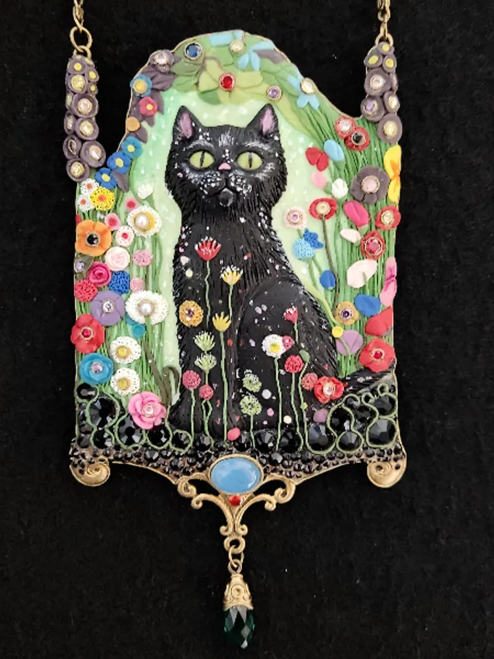 Necklace "Garden cat", cat pendant, necklace with stones, unusual necklace