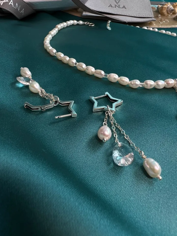 Pearl Silver 925 Jewelry Set Necklace Earrings PEARL TEARS