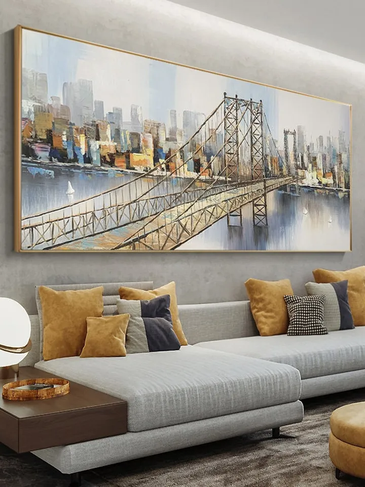 Abstract New York City Oil Painting on Canvas, Large Original Brooklyn Bridge Skyline Urban Cityscape Painting Living Room Wall Art Decor