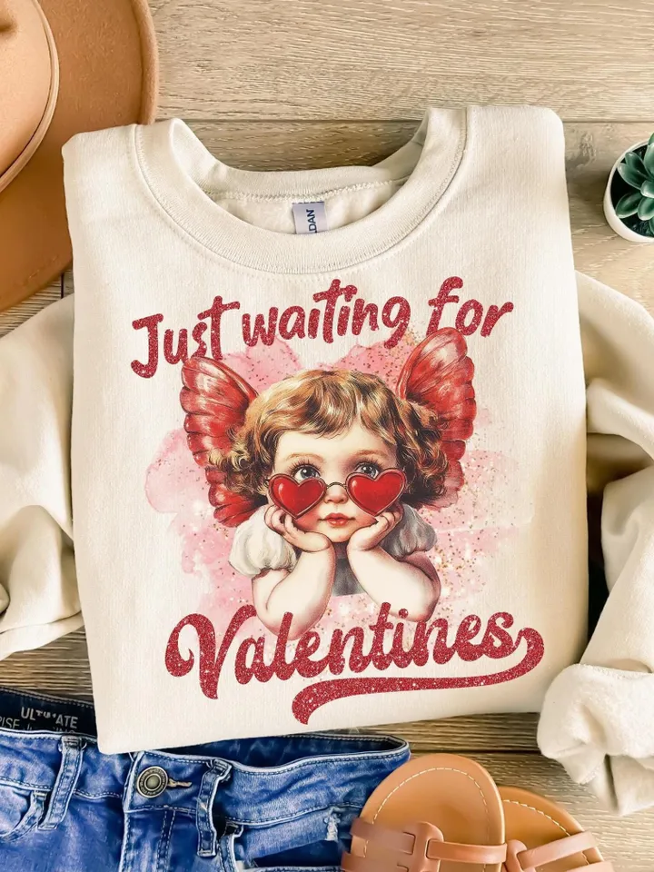 Just Waiting For Valentine's Png, Retro Valentine Shirt Design, Gold Glittered Cupid, Valentine's Day Png, Valentine Love Png Digital