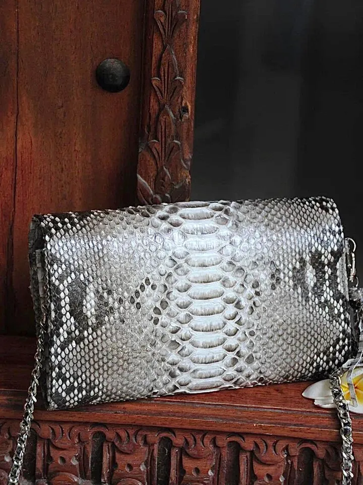 Genuine python skin classy grey flat clutch with shoulder chain | elegant evening women purse | designer leather bags | small snake bag