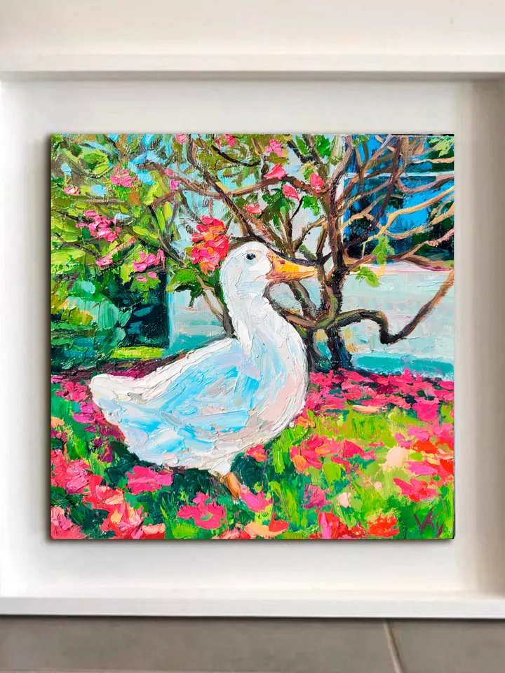 Duck Painting Magnolia Painting Original Art Impasto Oil Painting 10x10 Animal Painting Landscape Painting Magnolia Tree Art Birthday Gift by ArtFromVictoria