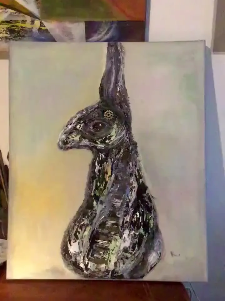 Black bunny,textured oil painting on canvas,black rabbit impasto painting,original oil painting,unique gift,unique kids room decoration