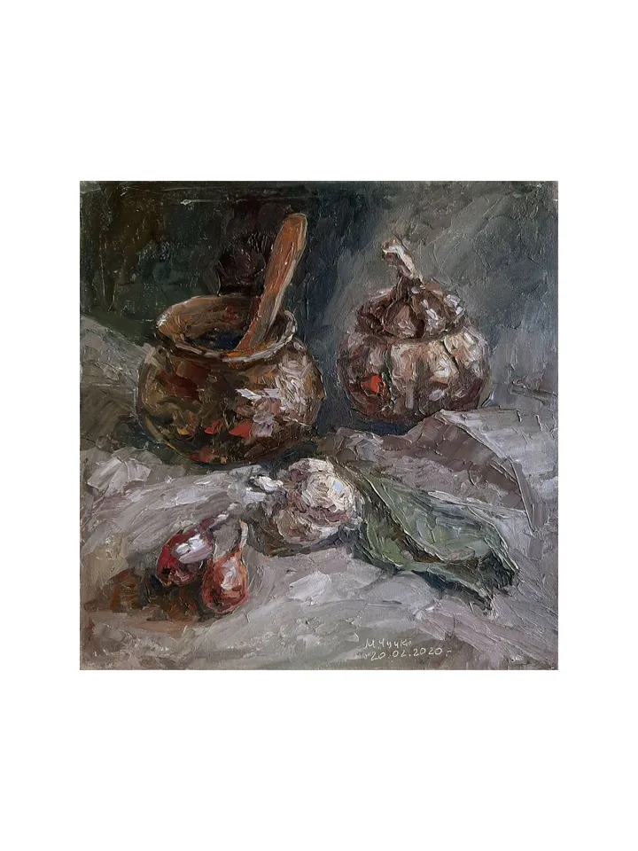 Ceramic Pots PAINTING 9,1x8,9" ORIGINAL ART Kitchen Onion Garlic Artwork Still Life Signed by artist Marina Chuchko