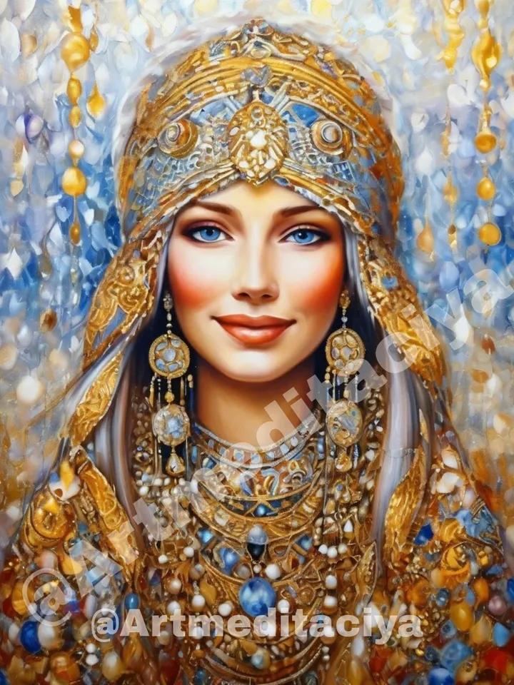 Digital abstract textural painting "Mysterious Russian Beauty" with expressive big blue eyes in a national costume on an abstract snowy mosaic background in golden-blue tones with zen elements of aged gold in the style of oil painting