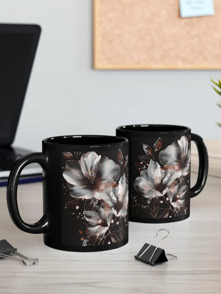 Elegant Floral Mug, Botanical Coffee Cup, Black Ceramic Drinkware, Gift for Gardeners, Mother's Day Present