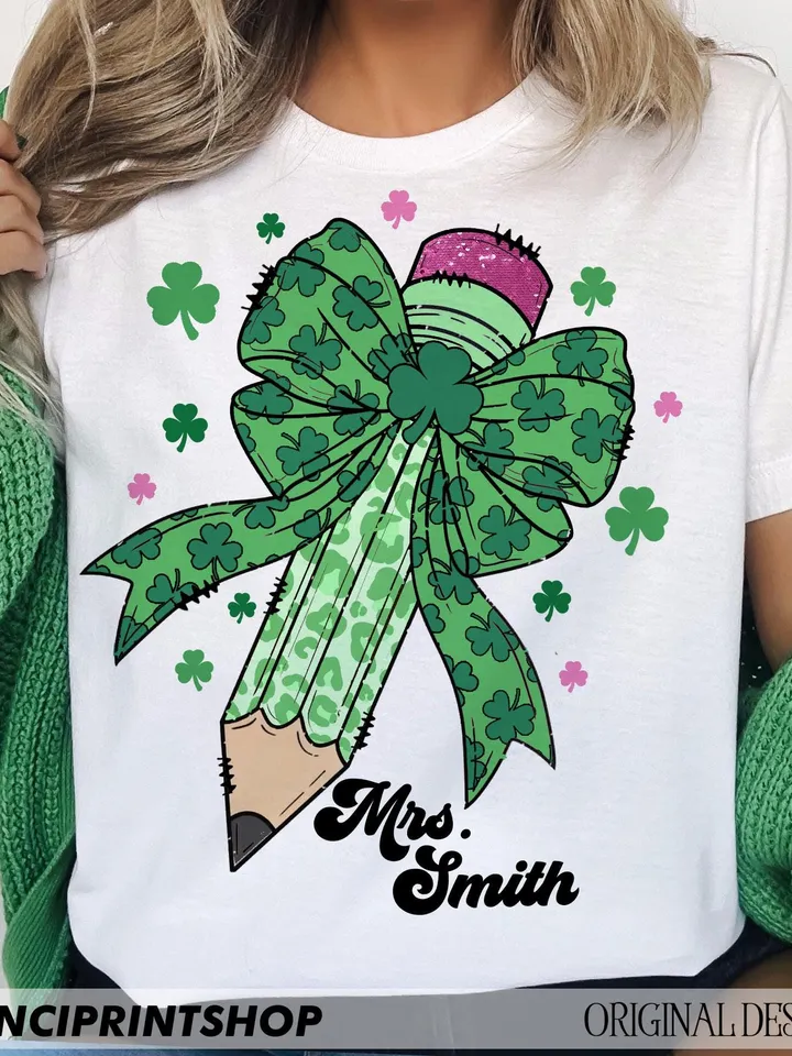 Teacher St Patrick's Coquette Bow Pencil Png, St. Patrick's Day png, Teacher Gift Png, St. Patrick's Teacher png, Teacher png, Leopard print