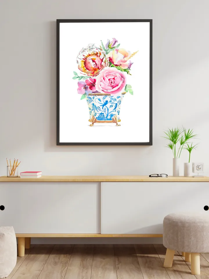 Watercolor Flowers Chinoiserie Home Decor Wall Art Flower Wall Art Flower Illustration Watercolor Pions Bleu White Decor Asian Vases Print