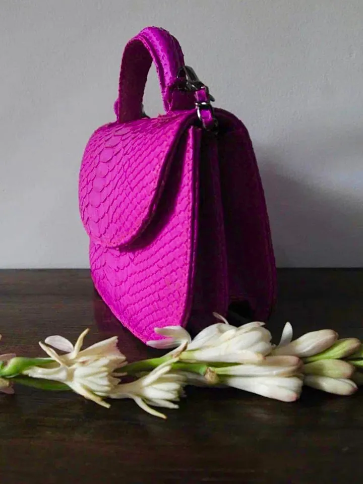 Genuine Python Skin Top Handle hot pink Crossbody Bag | Exotic Leather Bags | Snakeprint Bag | Handmade Designer Bag | Gift For Her