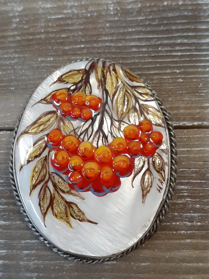 Brooches for women: Bunch of Rowan berries painted on pearl brooch • Orange handmade painted pin • Gorgeous pin for fall season dress