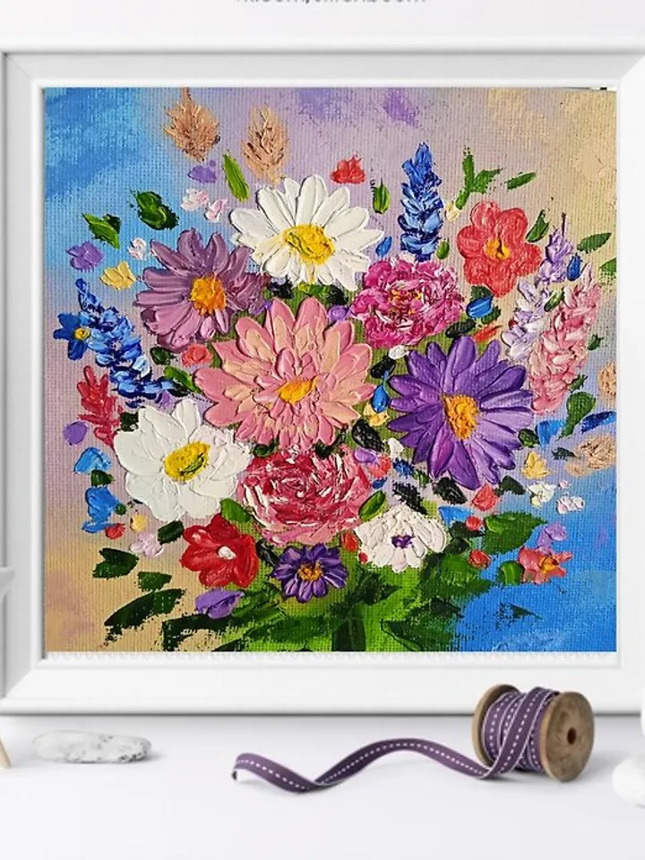 Oil Painting Bright Flowers Chamomile Roses Artistic Miniature Impasto 6 x 6 inc
