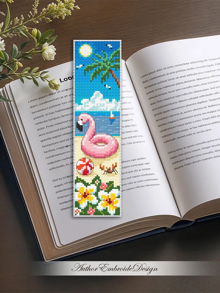 Beach bookmark cross stitch pattern PDF download Inflatable pink flamingo cross stitch, Bookmark pattern digital PDF Beach life Hawaii #B432