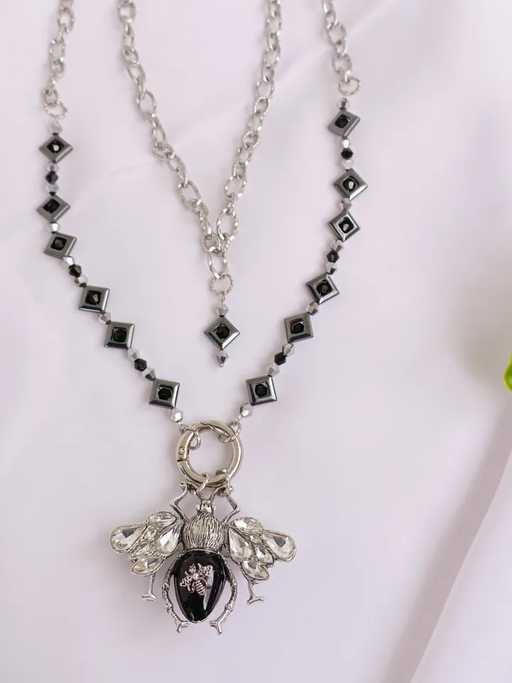 Handmade luxury bee necklace, silver bee pendant, statement bee jewelry, bee gift for her, long bee necklace