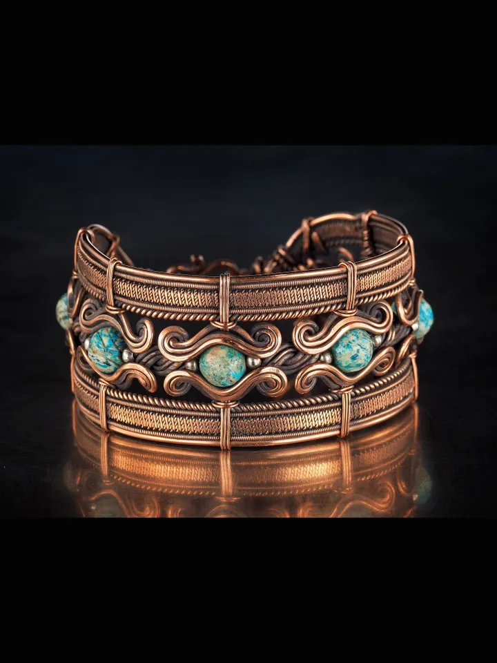 Copper wire wrapped bracelet with chrysocolla for lady Antique style WireWrapArt