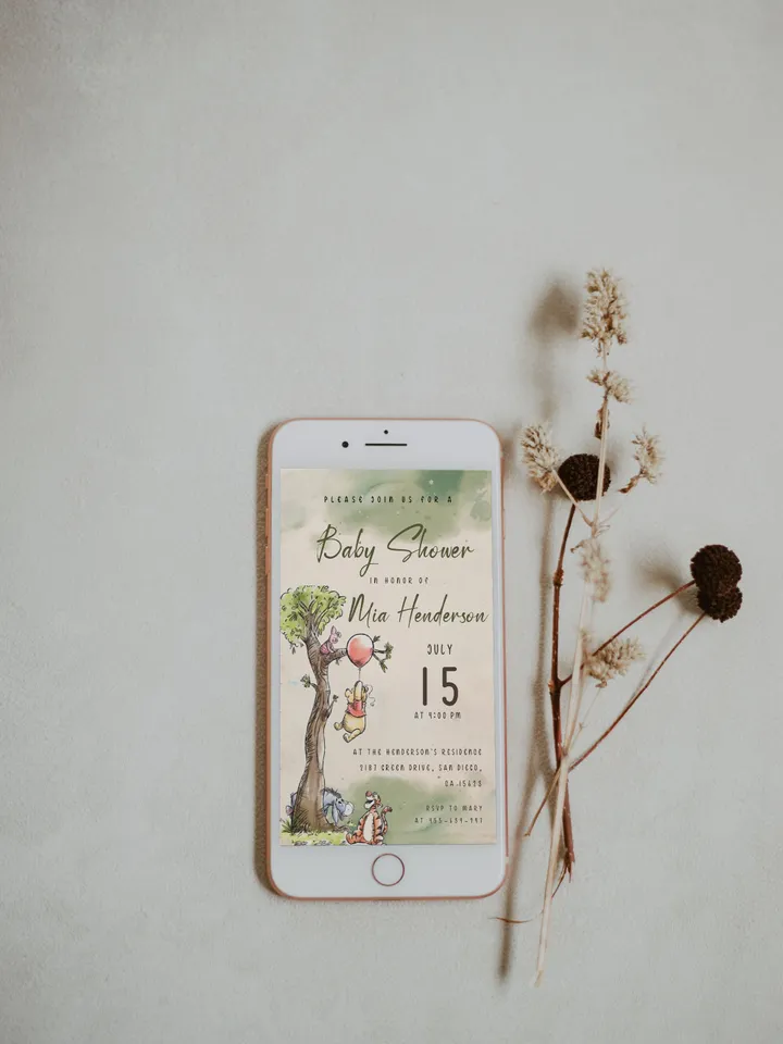 Classic Winnie Pooh Baby Shower smartphone invite; Winnie Baby Shower evite; Greenery Baby Shower evite; Honey Bear evite editable template