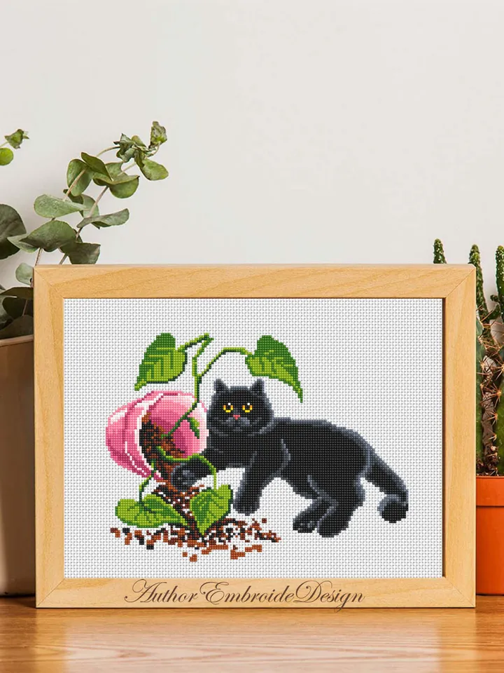 Black cat and plants cross stitch pattern PDF download Funny cat cross stitch chart, House plant pattern digital PDF, Cat lover gift #K46