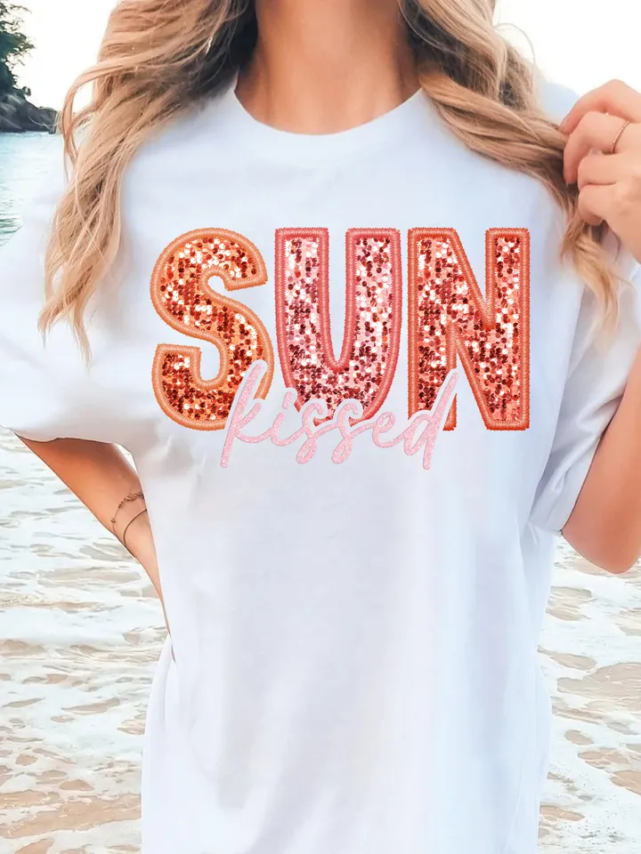 Sunkissed PNG Faux Sequins Embroidered Letters Springbreak Shirt Design Sunshine Shirt Design Here summer png, boho png,retro sublimation